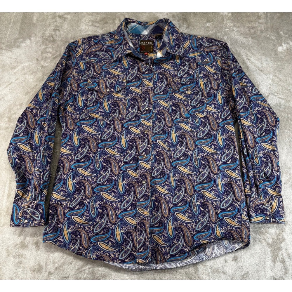 Roper Western Shirt Mens XL Blue Paisley Pearl Snap Long Sleeve Flipcuff